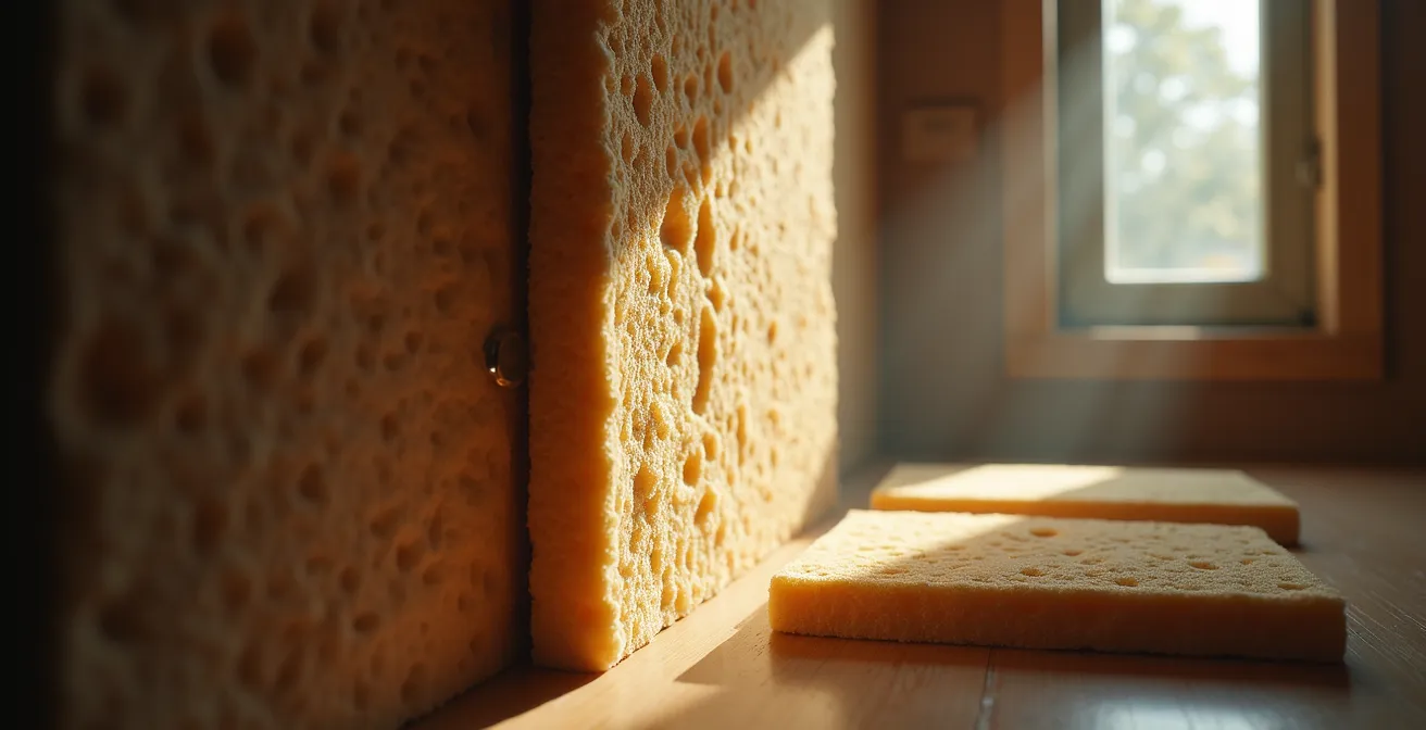 Image montrant la fabrication de panneaux acoustiques à partir de laine de roche et leur installation avec espacement optimisé du mur
