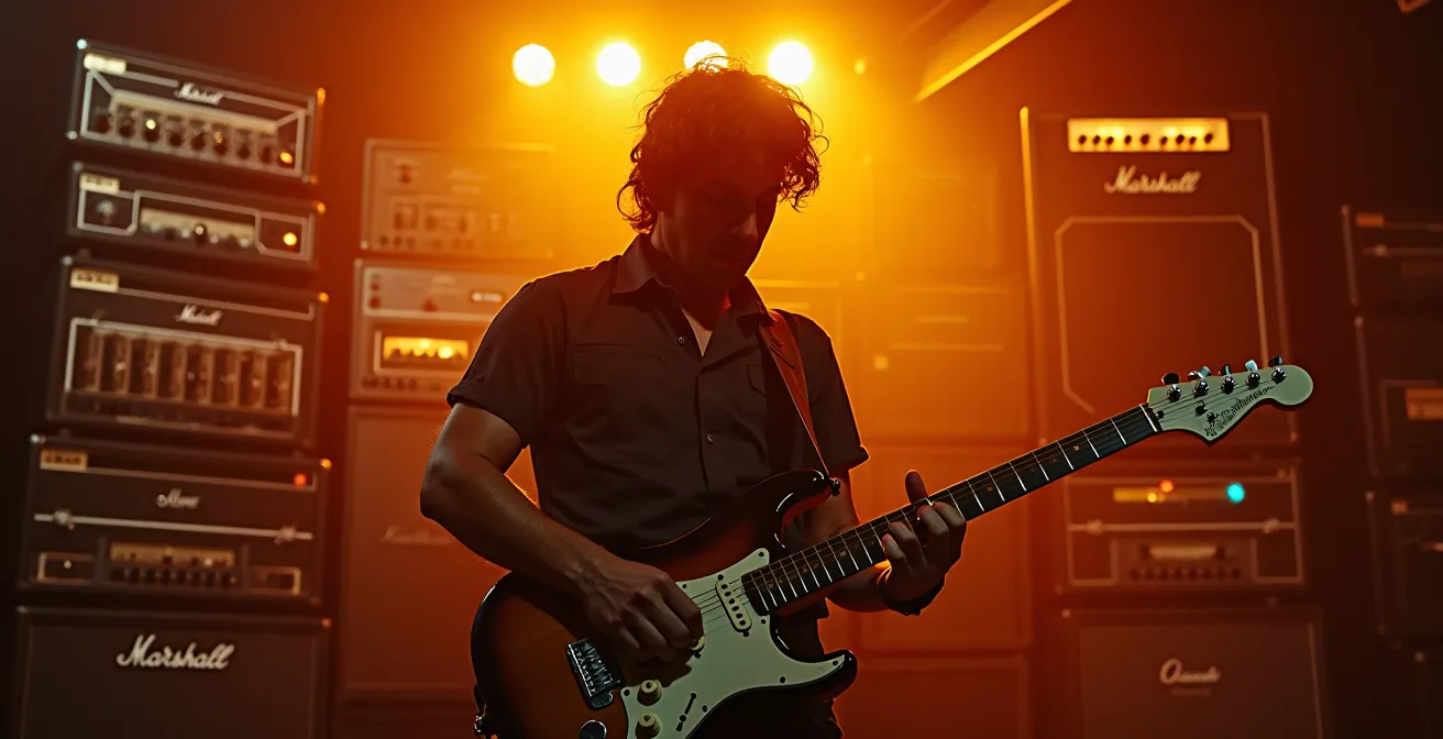 Un guitariste jouant devant un mur d'amplificateurs à lampes, exploitant le feedback et la saturation pour créer un son unique.