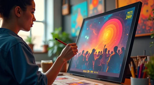 Affiche artistique symbolisant la programmation musicale, avec des éléments graphiques évoquant musique, public et créativité