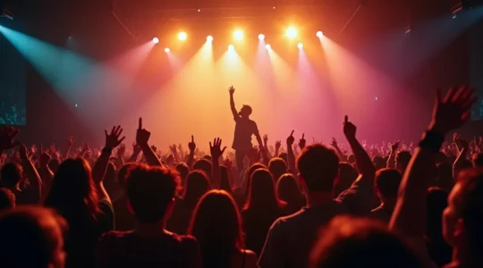 Une foule vibrante lors d'un concert avec un artiste dynamique sur scène, capturant l'énergie collective