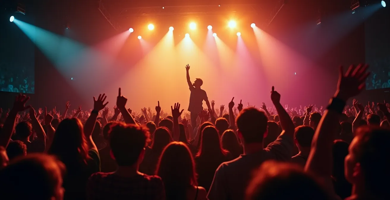 Une foule vibrante lors d'un concert avec un artiste dynamique sur scène, capturant l'énergie collective