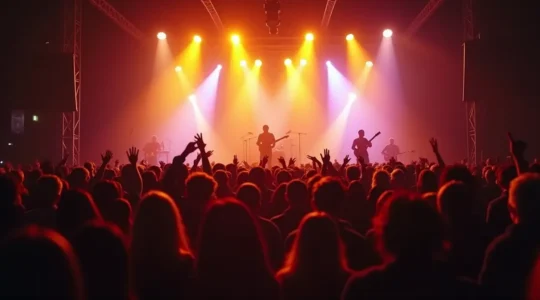 Une scène de concert dynamique avec un public enthousiaste, des techniciens en arrière-plan et des éléments visuels symbolisant la planification et le budget