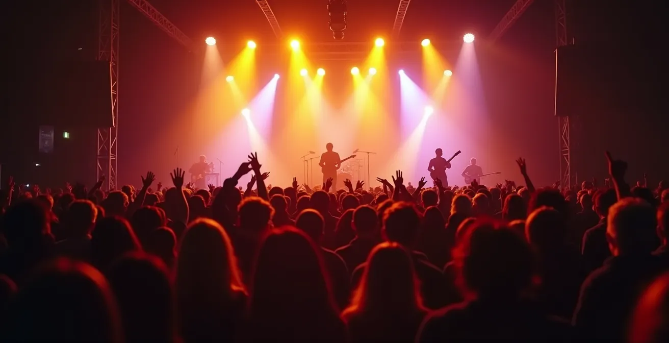 Une scène de concert dynamique avec un public enthousiaste, des techniciens en arrière-plan et des éléments visuels symbolisant la planification et le budget