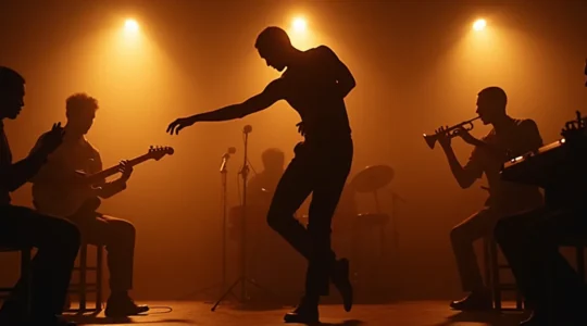 Un danseur de jazz improvisant expressivement, son corps incarnant un instrument de musique dans un orchestre de jazz vibrant