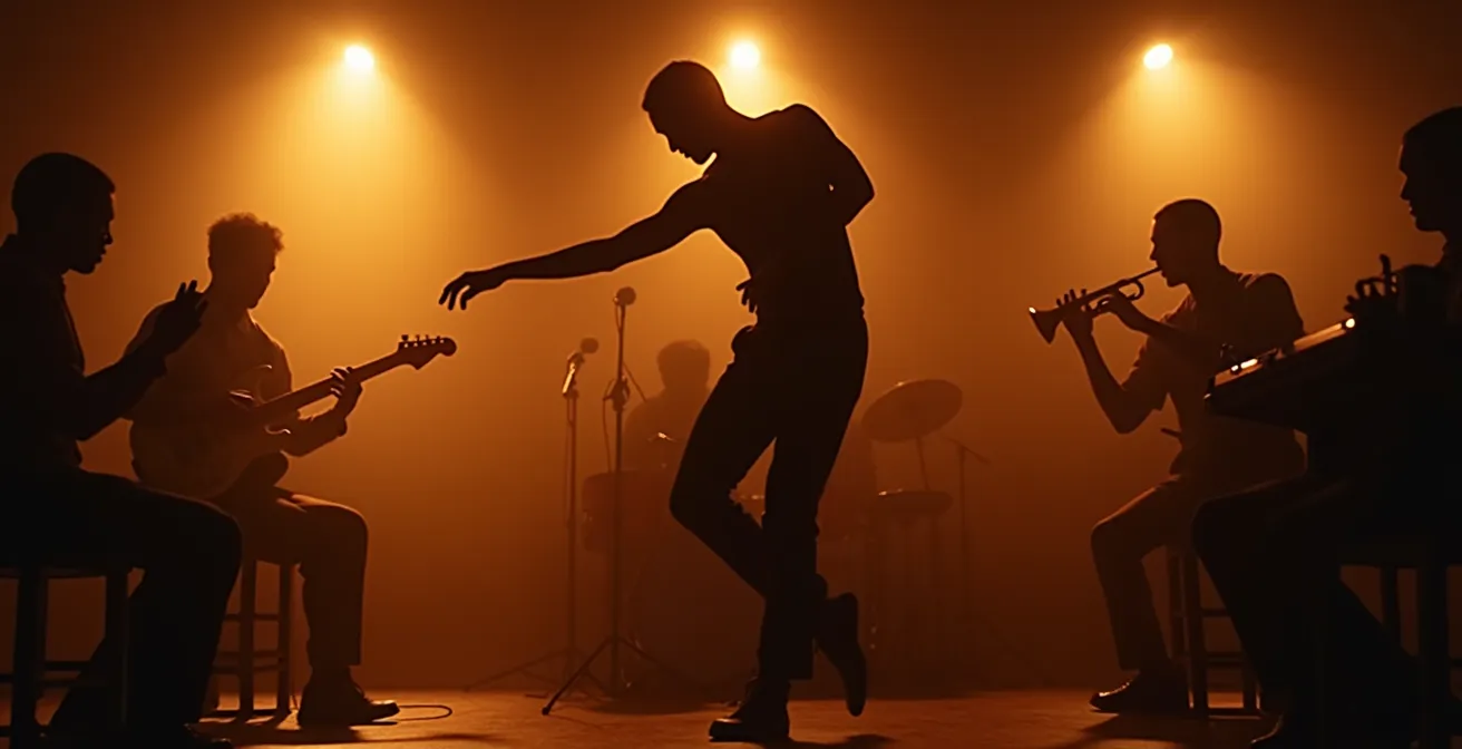 Un danseur de jazz improvisant expressivement, son corps incarnant un instrument de musique dans un orchestre de jazz vibrant
