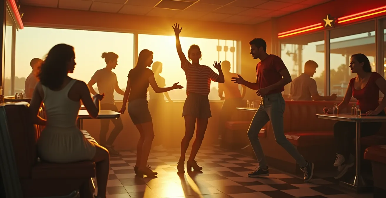Groupe de jeunes américains dansant avec enthousiasme autour d'un juke-box dans un diner typique des années 50.