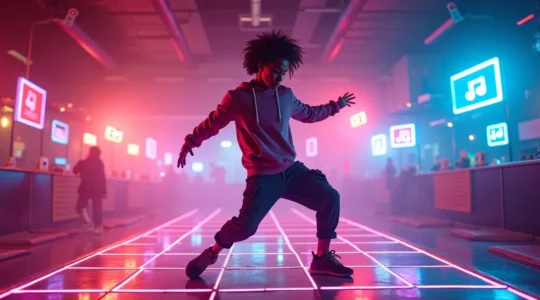 Jeune danseur stylé au centre d'une piste, entouré d'ondes musicales colorées et de symboles culturels contemporains.