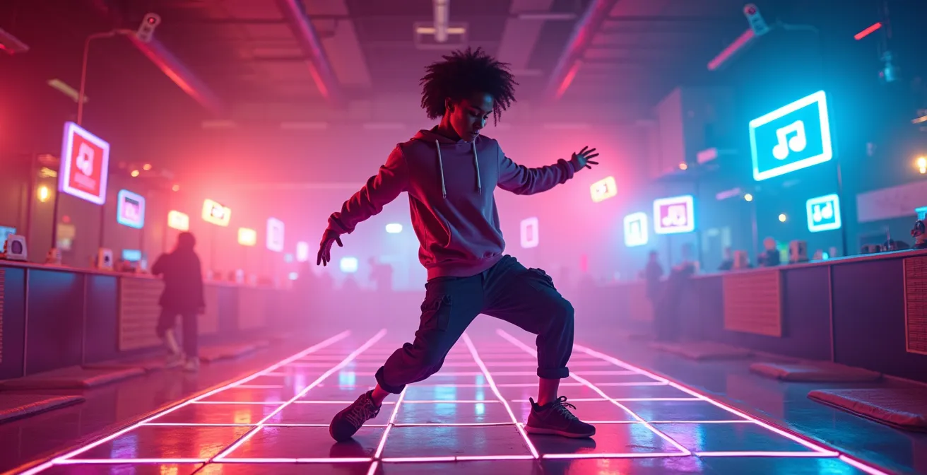 Jeune danseur stylé au centre d'une piste, entouré d'ondes musicales colorées et de symboles culturels contemporains.