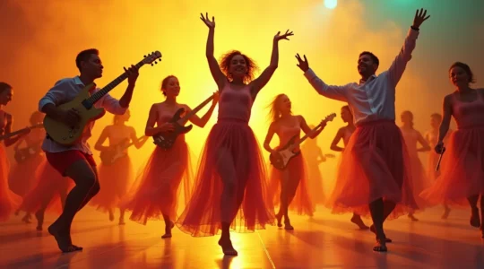 Des danseurs en mouvement fluide et expressif incarnant la musique avec leur corps, symbolisant l'interprétation ludique en danse