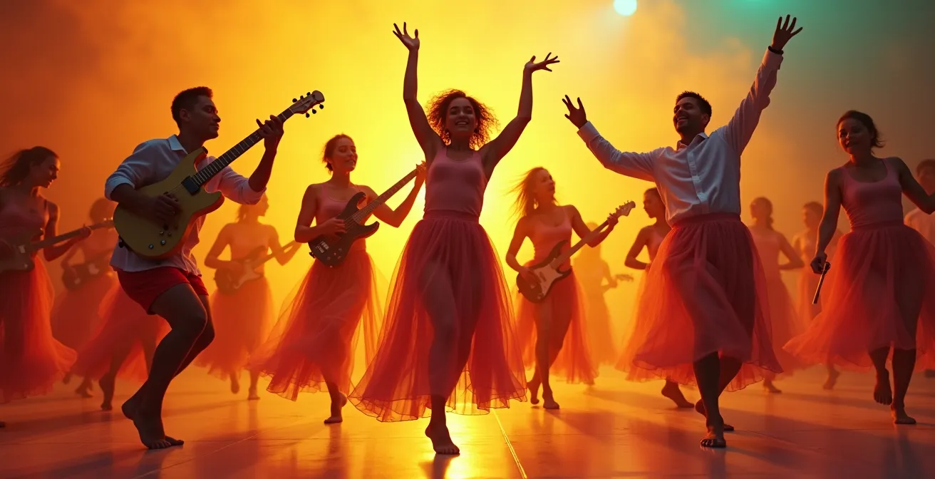 Des danseurs en mouvement fluide et expressif incarnant la musique avec leur corps, symbolisant l'interprétation ludique en danse