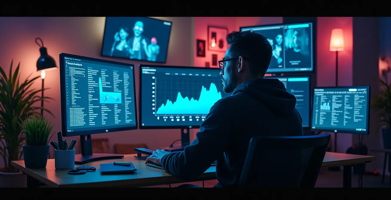 Une illustration montrant un programmeur de talents utilisant des outils numériques pour découvrir des artistes émergents