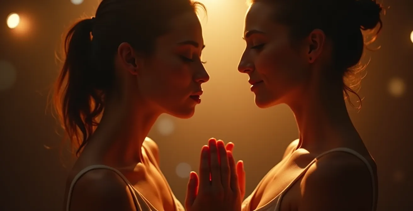Deux danseurs en connexion intense, échangeant un dialogue corporel dynamique et complice dans une ambiance chaleureuse