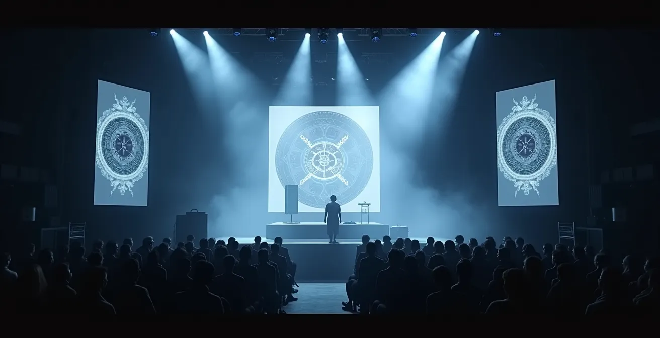 Illustration représentant la scénographie et le storytelling visuel d’un événement musical