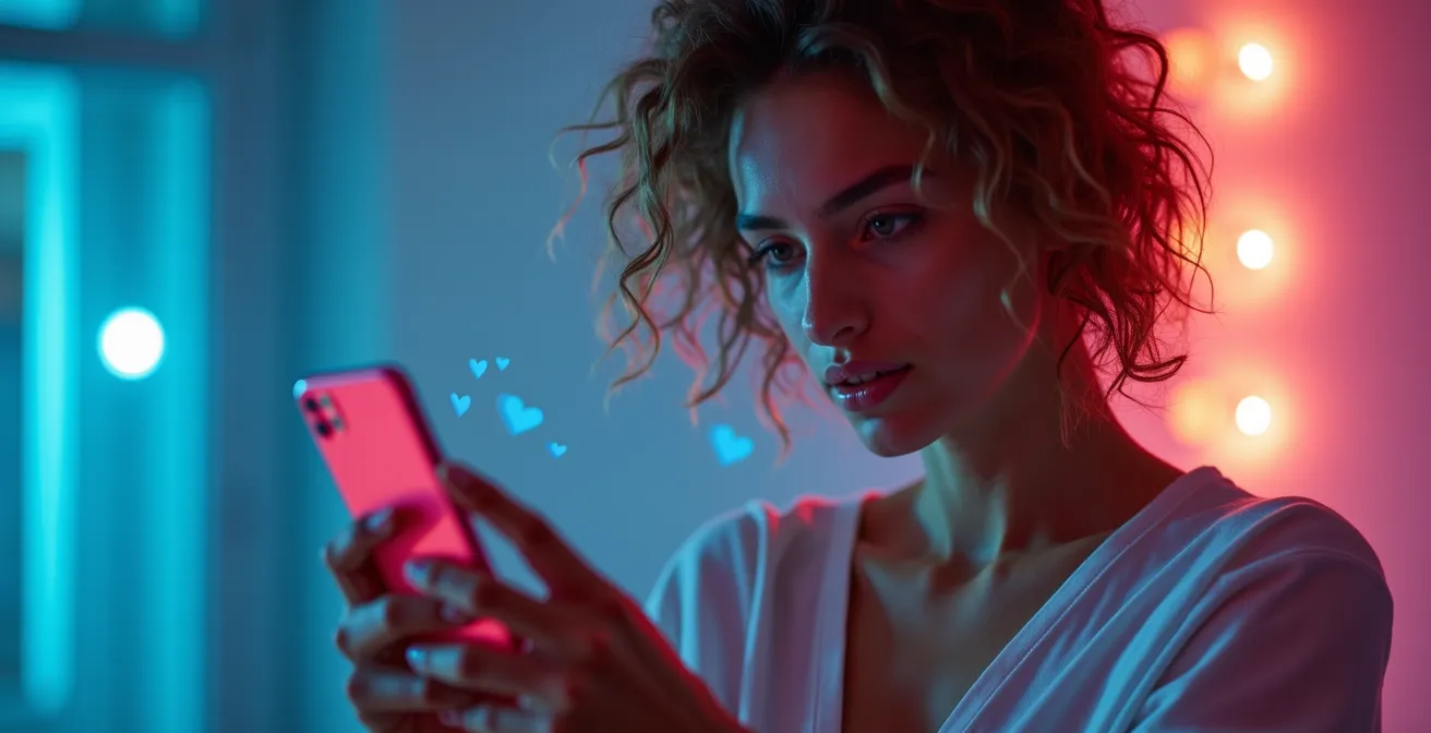 Danseur de swing filmé en selfie devant un smartphone, avec des effets visuels suggérant le flux viral sur Instagram.