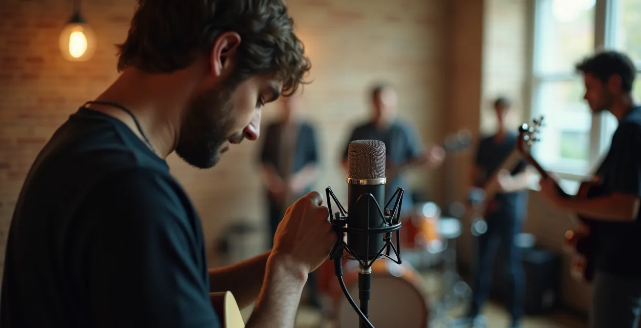 Musicien en train de poser un micro dans un studio pour enregistrer une répétition de groupe