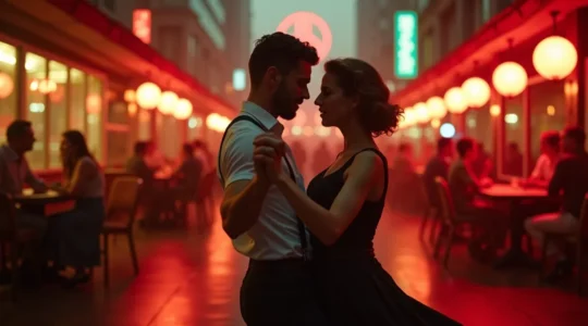 Un couple de danseurs de Lindy Hop dans une scène urbaine moderne avec des éléments visuels évoquant les années 30 et les styles contemporains.