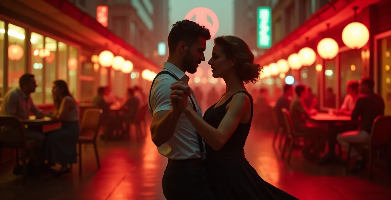 Un couple de danseurs de Lindy Hop dans une scène urbaine moderne avec des éléments visuels évoquant les années 30 et les styles contemporains.