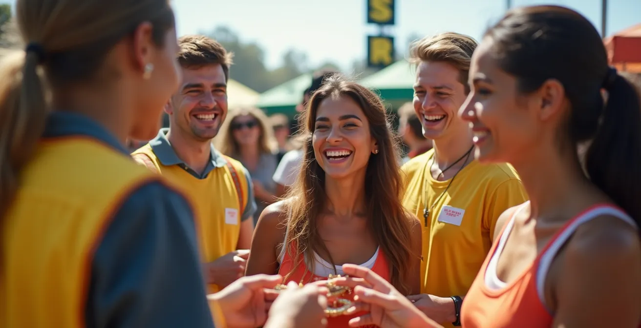 Groupe enthousiaste de bénévoles souriants en pleine activité lors d'un festival musical