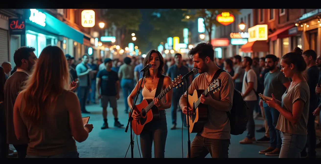 Scène de rue animée avec des musiciens jouant pour une foule, entourés de flyers et affiches promotionnelles dans un style urbain