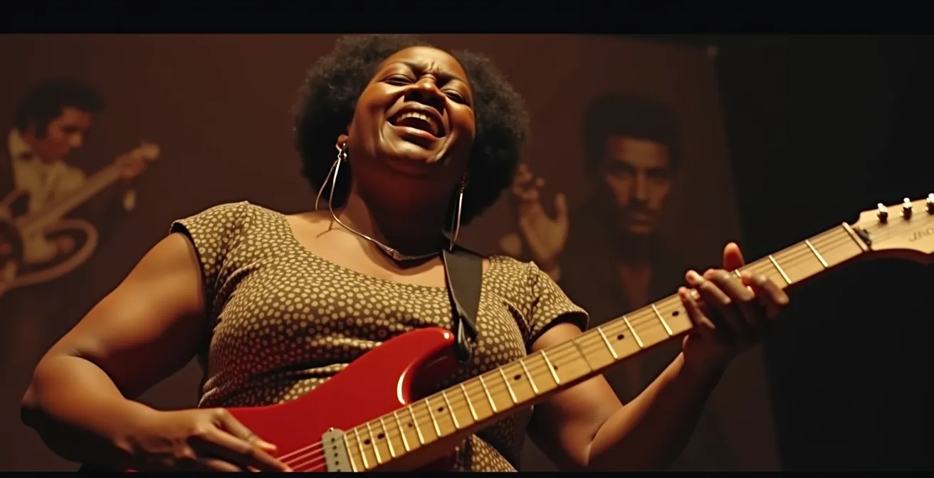 Une scène représentative de Sister Rosetta Tharpe jouant de la guitare électrique, avec Chuck Berry et Elvis Presley en arrière-plan