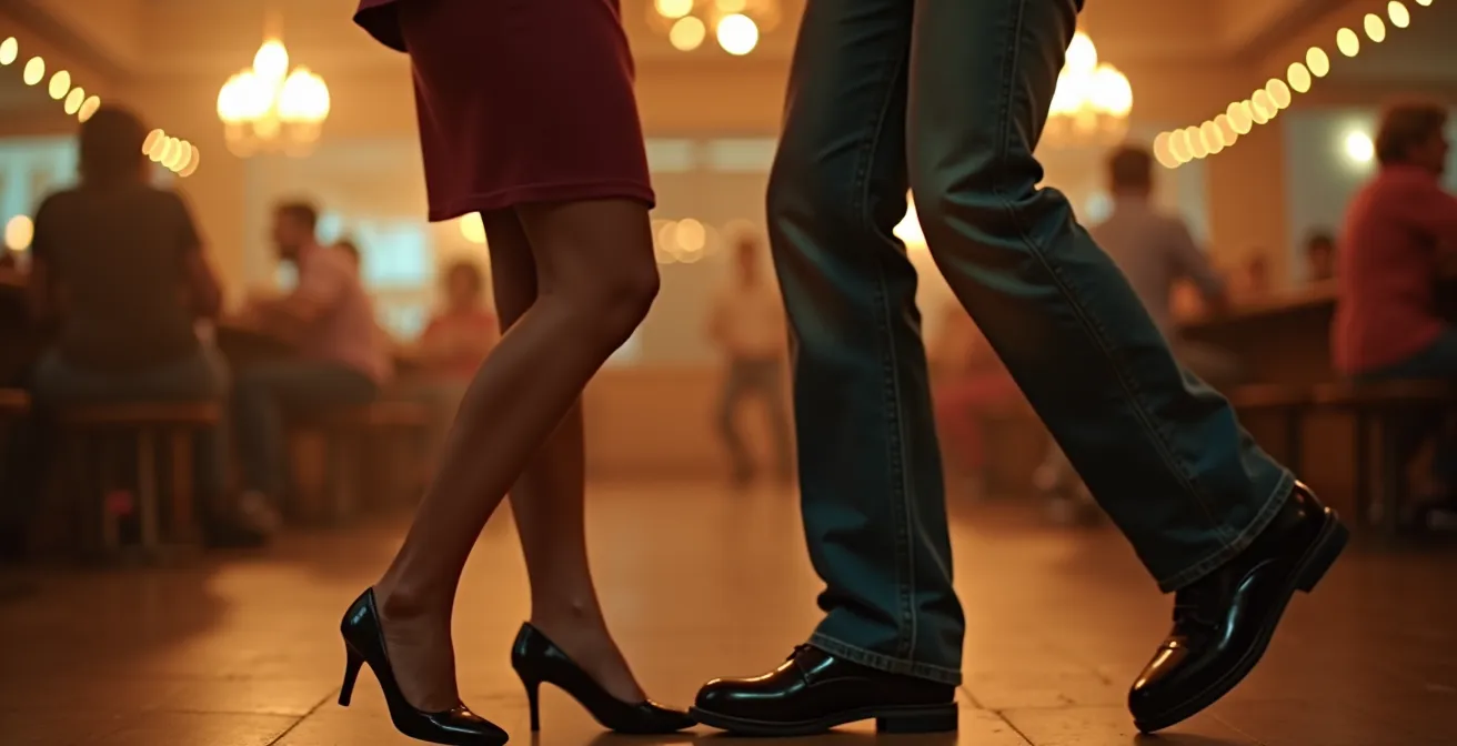 Danseuse en robe crayon et danseur en jean et creepers dans une posture expressive de Rockabilly Jive