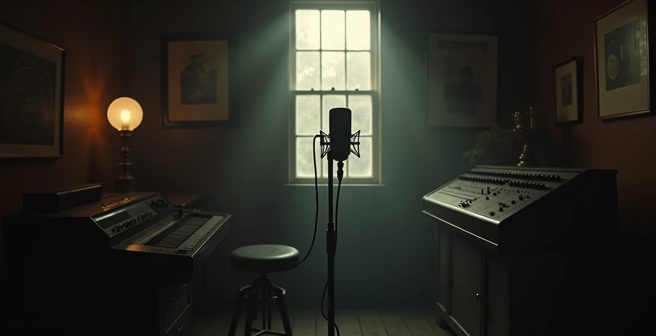 Intérieur du studio Sun Records à Memphis, avec équipements d'enregistrement vintage et silhouettes de musiciens mixant des influences blanches et noires