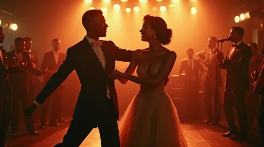 Couple dancing Lindy Hop energetically in a lively Harlem ballroom, 1930s jazz era