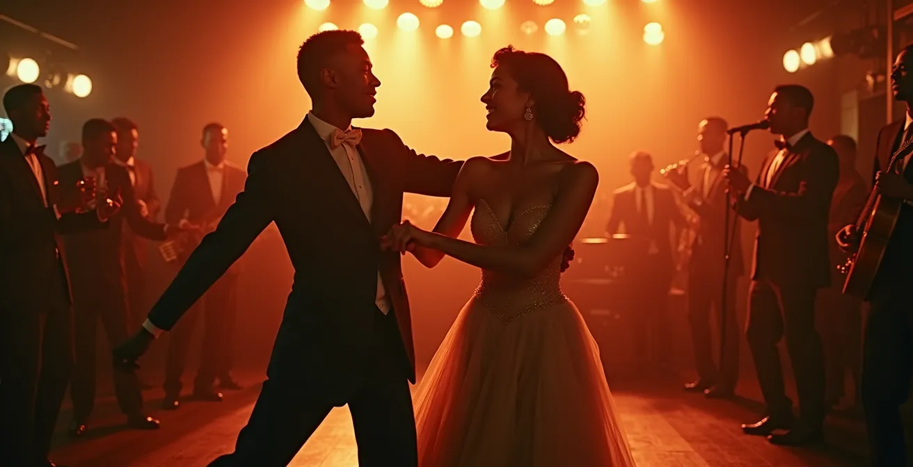 Couple dancing Lindy Hop energetically in a lively Harlem ballroom, 1930s jazz era