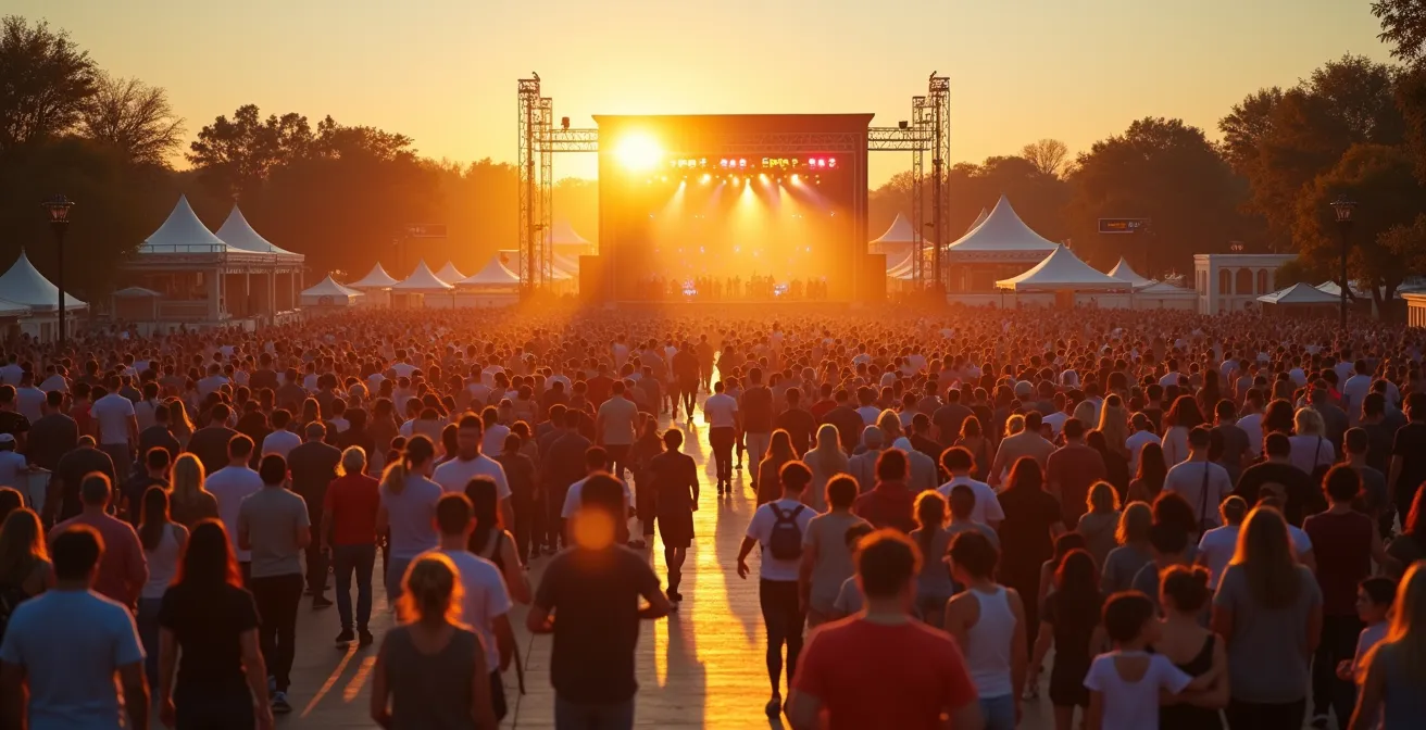 Vue dynamique d'un événement musical en plein air avec un public fluide, sécurité active et coordination entre équipes techniques