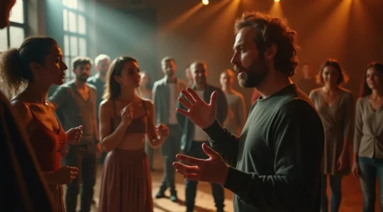 Une scène lumineuse avec un maître enseignant passionné devant un petit groupe d'étudiants attentifs dans un cadre artistique, symbolisant l'impact transformateur d'une masterclass