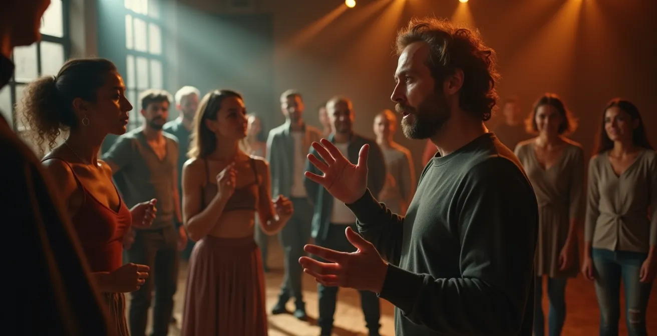 Une scène lumineuse avec un maître enseignant passionné devant un petit groupe d'étudiants attentifs dans un cadre artistique, symbolisant l'impact transformateur d'une masterclass
