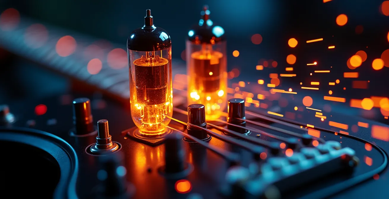 Représentation visuelle intense des vibrations sonores puissantes émises par un amplificateur de guitare saturé.