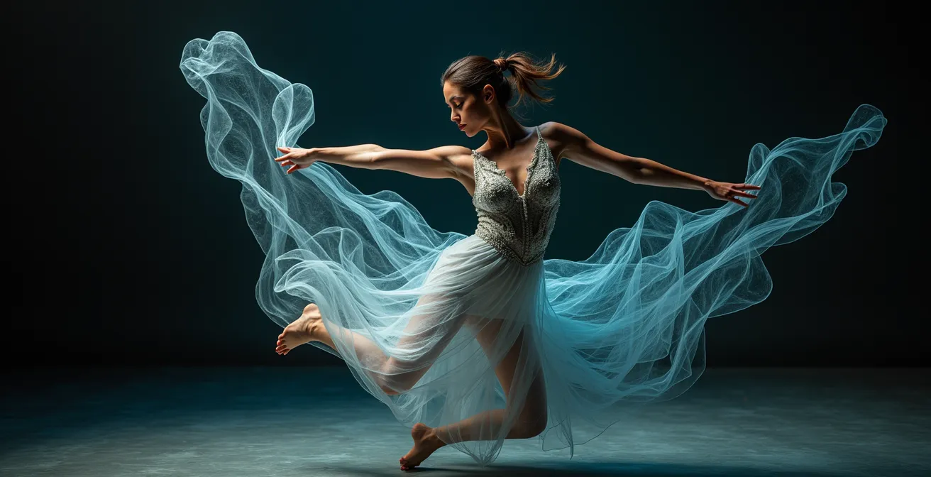 Un danseur incarnant la musique en dansant avec énergie et fluidité, symbolisant l’harmonie entre corps et musique