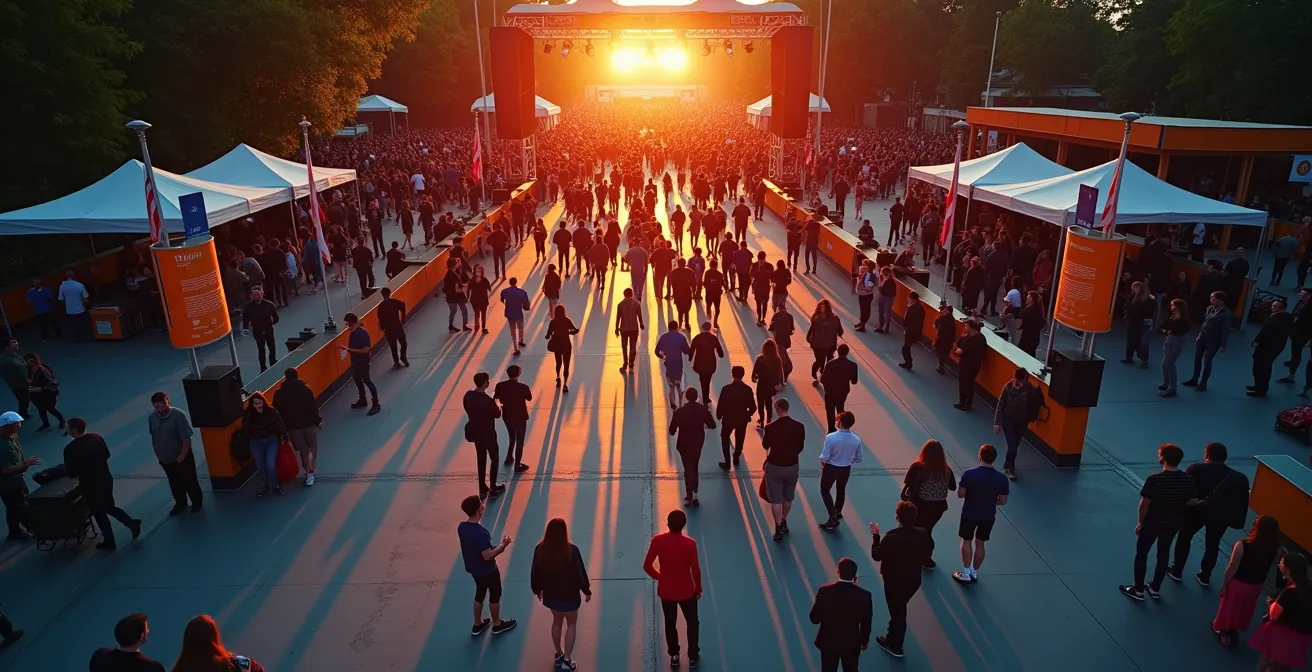 Vue en plongée d'un parcours spectateur bien organisé avec signalétique claire dans un festival de musique