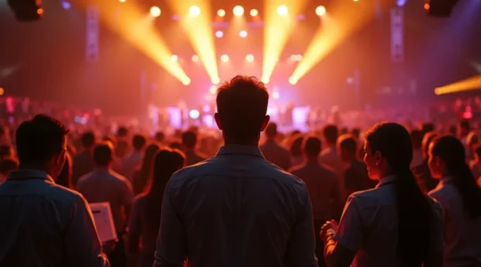 An energetic and organized concert scene with a diverse team coordinating behind the scenes to ensure a successful music event