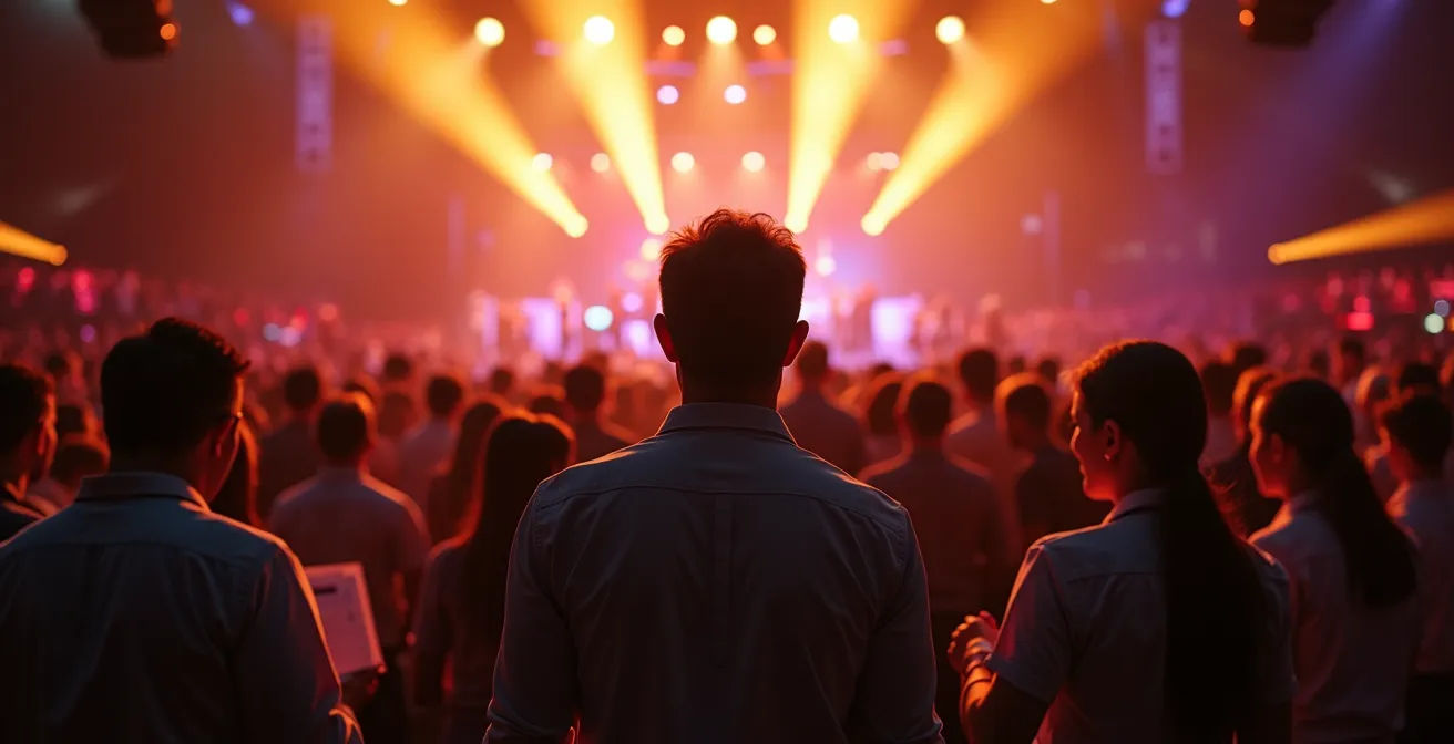 An energetic and organized concert scene with a diverse team coordinating behind the scenes to ensure a successful music event