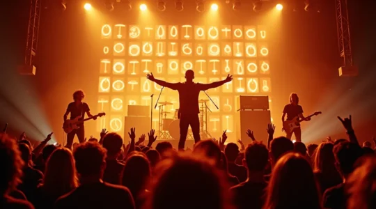 Un groupe de rock en concert, illuminé par des lumières vives, exprimant puissance et liberté à travers la musique.