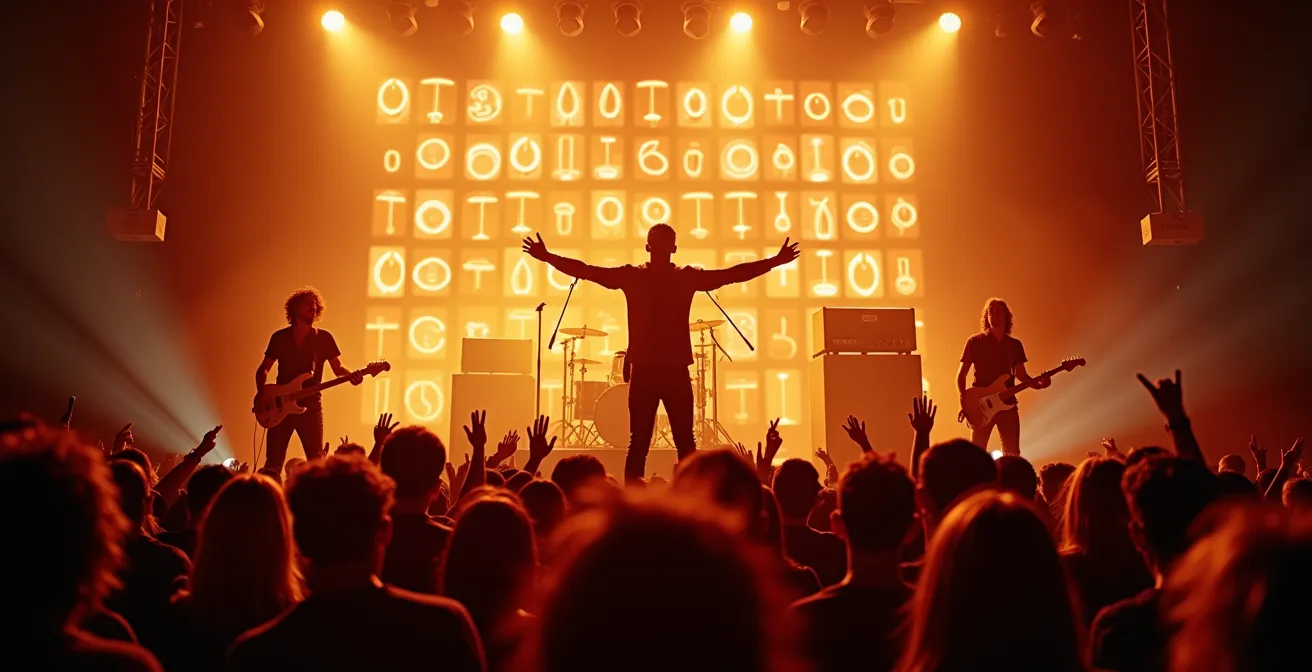 Un groupe de rock en concert, illuminé par des lumières vives, exprimant puissance et liberté à travers la musique.