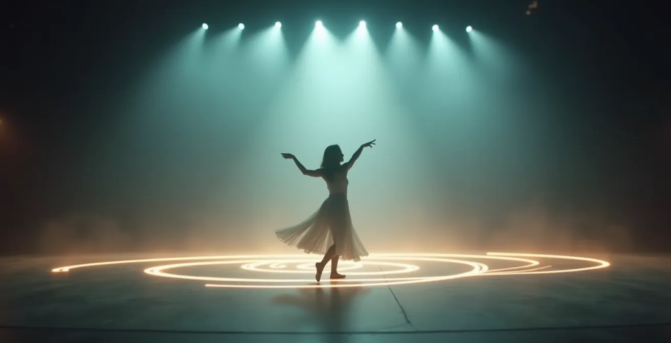 Danseur suivant le rythme d'une mélodie sans batterie, guidé par la voix d'un chanteur sur fond abstrait.
