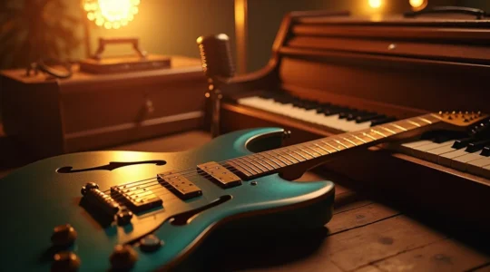 Une représentation symbolique d'un mélange musical vibrant illustrant la fusion de genres qui a créé le rock 'n' roll