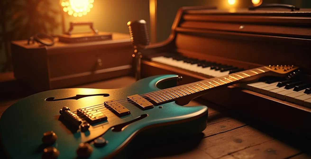 Une représentation symbolique d'un mélange musical vibrant illustrant la fusion de genres qui a créé le rock 'n' roll