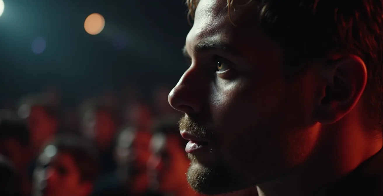 Un chanteur charismatique en pleine interaction visuelle avec le public, illustrant la communication non verbale sur scène