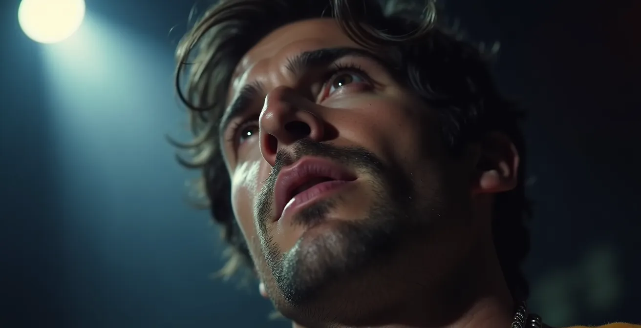 Un frontman sur scène captivant le public par son regard intense et expressif.