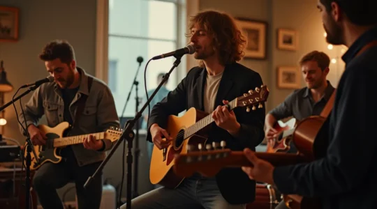 Vue d'un groupe de musiciens en pleine répétition dans un studio moderne, ambiance créative et concentrée