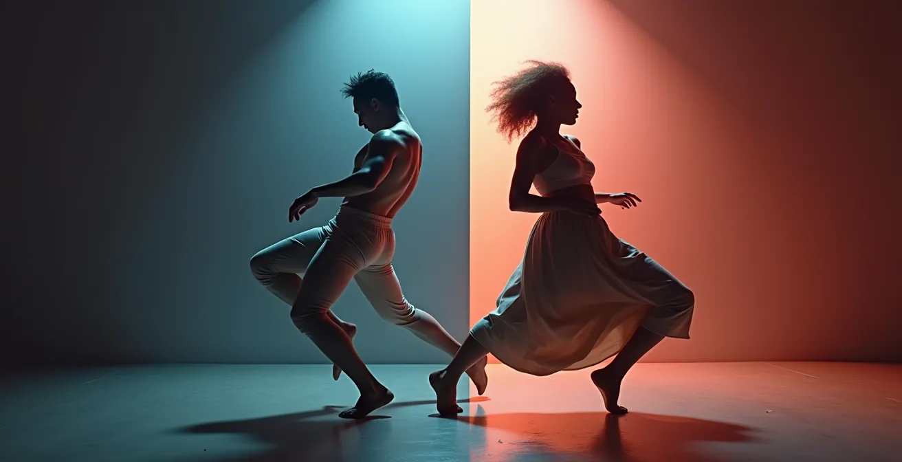 Comparaison visuelle de deux silhouettes : une dansant verticalement façon rock, l’autre effectuant un mouvement circulaire décontracté type R&B.