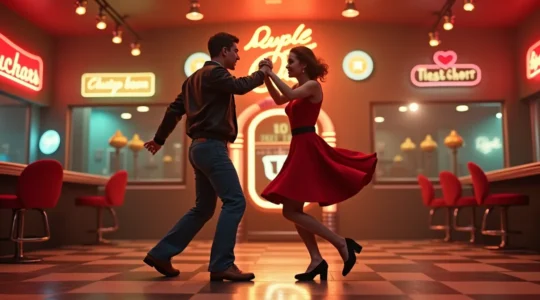 Danseurs de Rockabilly Jive en mouvement énergique sur une piste de danse vintage années 50