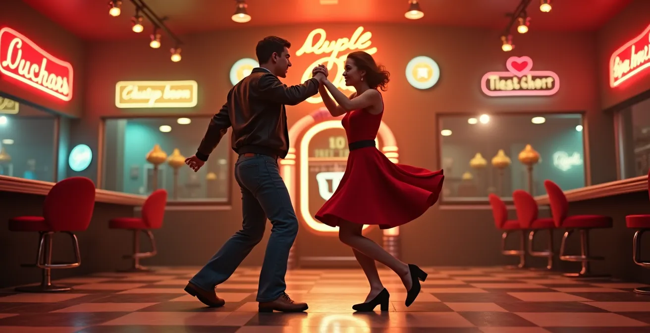 Danseurs de Rockabilly Jive en mouvement énergique sur une piste de danse vintage années 50
