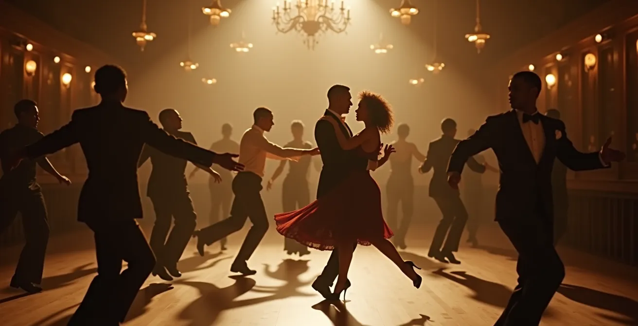 Danseurs afro-américains exécutant un Lindy Hop acrobatique sur la vaste piste du Savoy Ballroom à Harlem.
