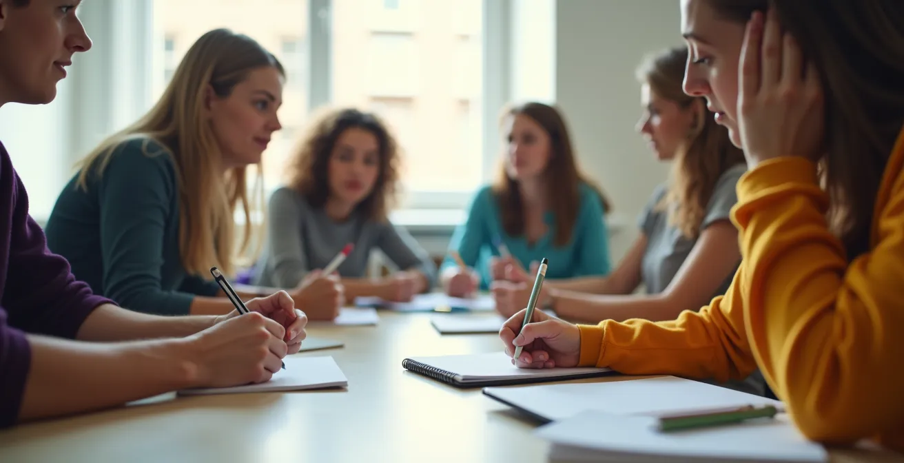 Participants prenant activement des notes, échangeant en groupe après une masterclass, avec un focus sur l'écoute et l'observation du maître.