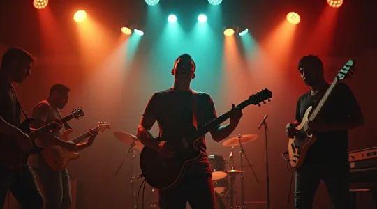 Un groupe de musiciens sur scène dans un atelier de répétition, une ambiance énergique et collaborative.